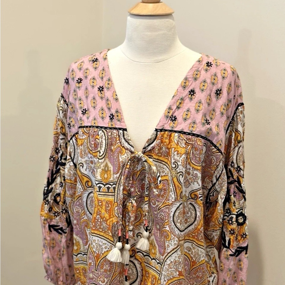 Anthropologie Pink & Mustard Paisley Tie-Front Tunic, MD Cotton Modal Blend